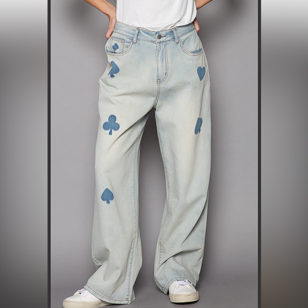 NWOT POL Light Blue Denim Wide Leg Pants with Club Pattern